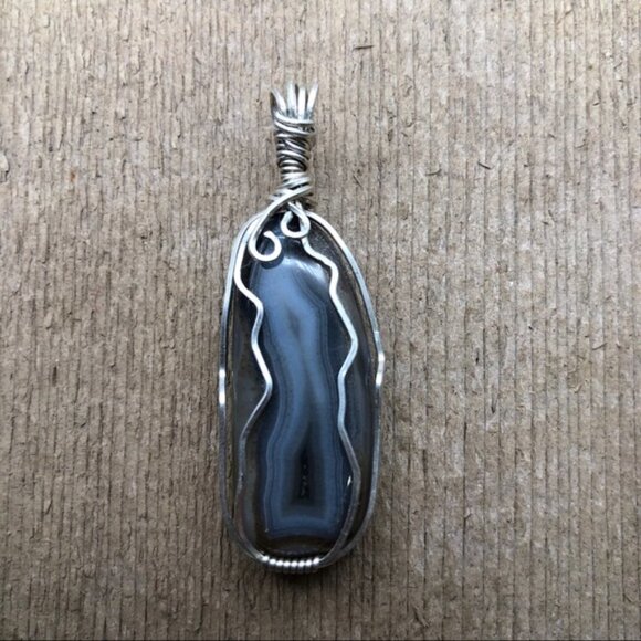 Balmorhea Banded Agate .925 Silver wire Wrapped Necklace Pendant - Picture 1 of 4